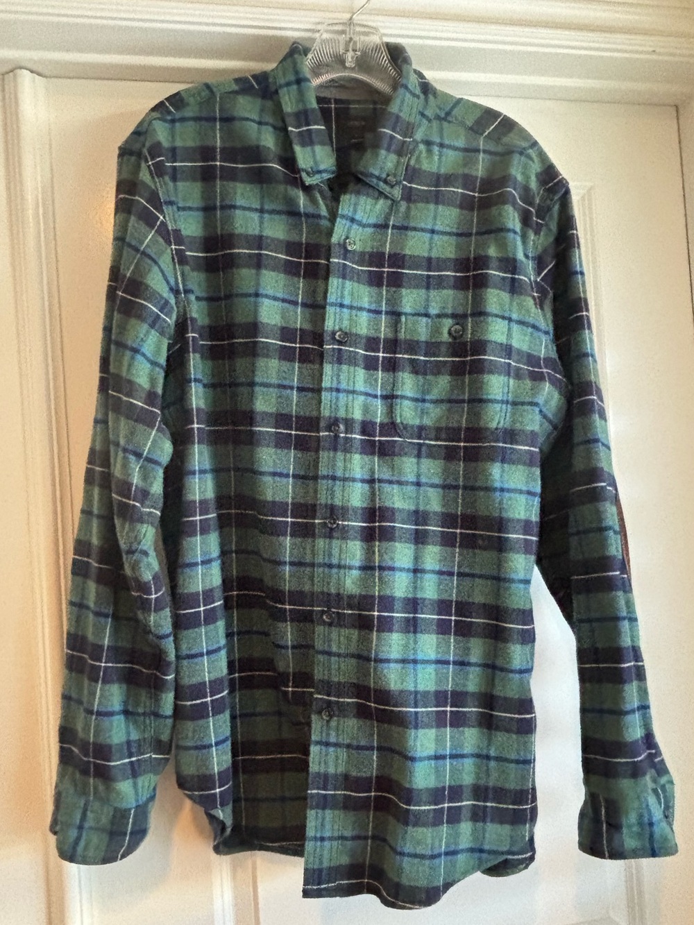 J. Crew Green and Navy Plaid Button-Down Shirt With Suede Elbow Patches